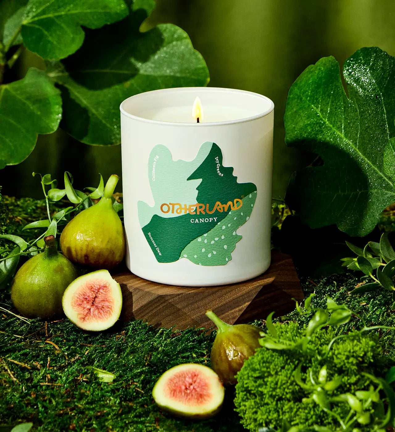 Candle with 'Otherland' branding surrounded by figs and greenery
