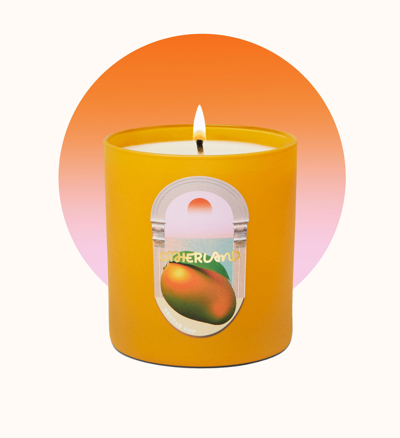 Yellow candle with a label featuring an orange on a gradient background
