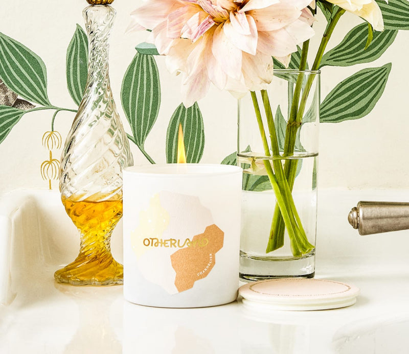 Chandelier candle on a surface surrounded by a flower vase and other objects