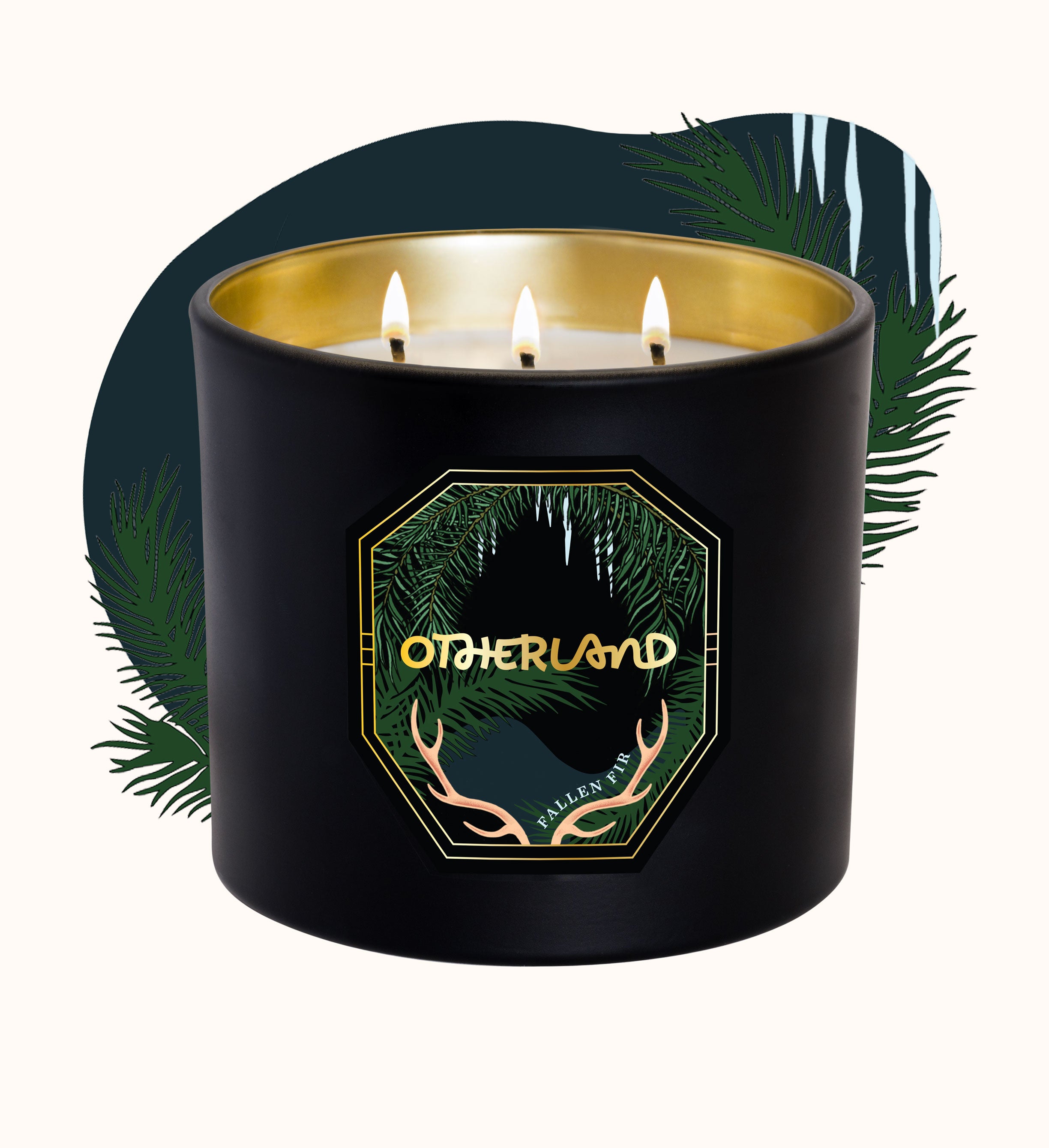 Black candle with gold interior and 'Otherland' logo on a white background
